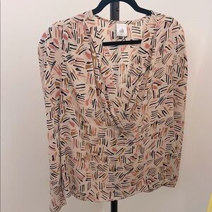CAbi Tan and Black Ruched Long Sleeve Blouse